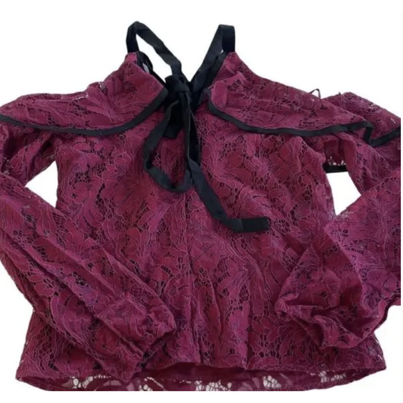 WAYF Lace Blouse Womens Small Burgundy Off Shoulder Sheer Helena Ruffle Tie - Picture 1 of 11